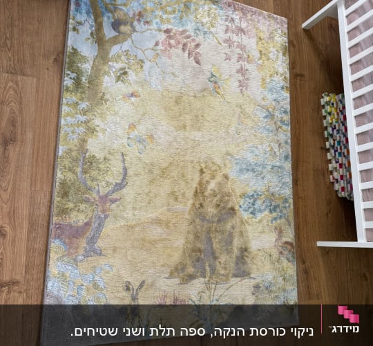 שטיח עם דוגמת חיות על רצפת עץ